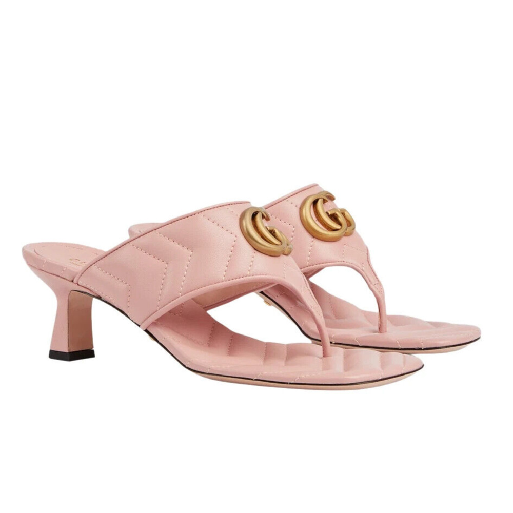 Gucci Marmont Double G 37/ US 7 Thong Pink Chevron Kitten Heel Sandals NIB